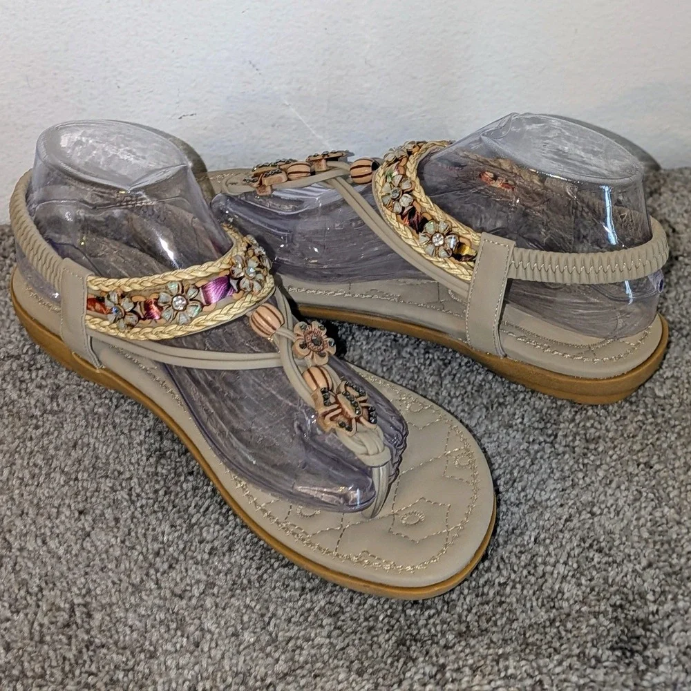 Boho Beaded Floral Butterfly Sandals Beige Elastic Slingback Flat Size 11 NEW‎